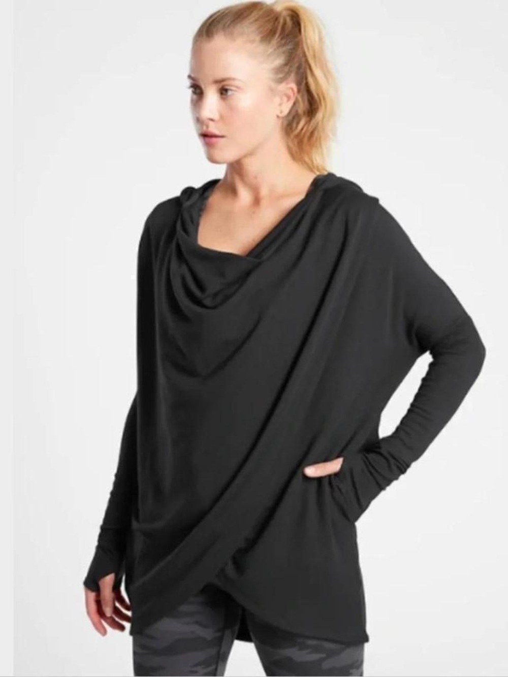 Athleta Purata Black Draped Cowl Neck Pullover With Hood Size L